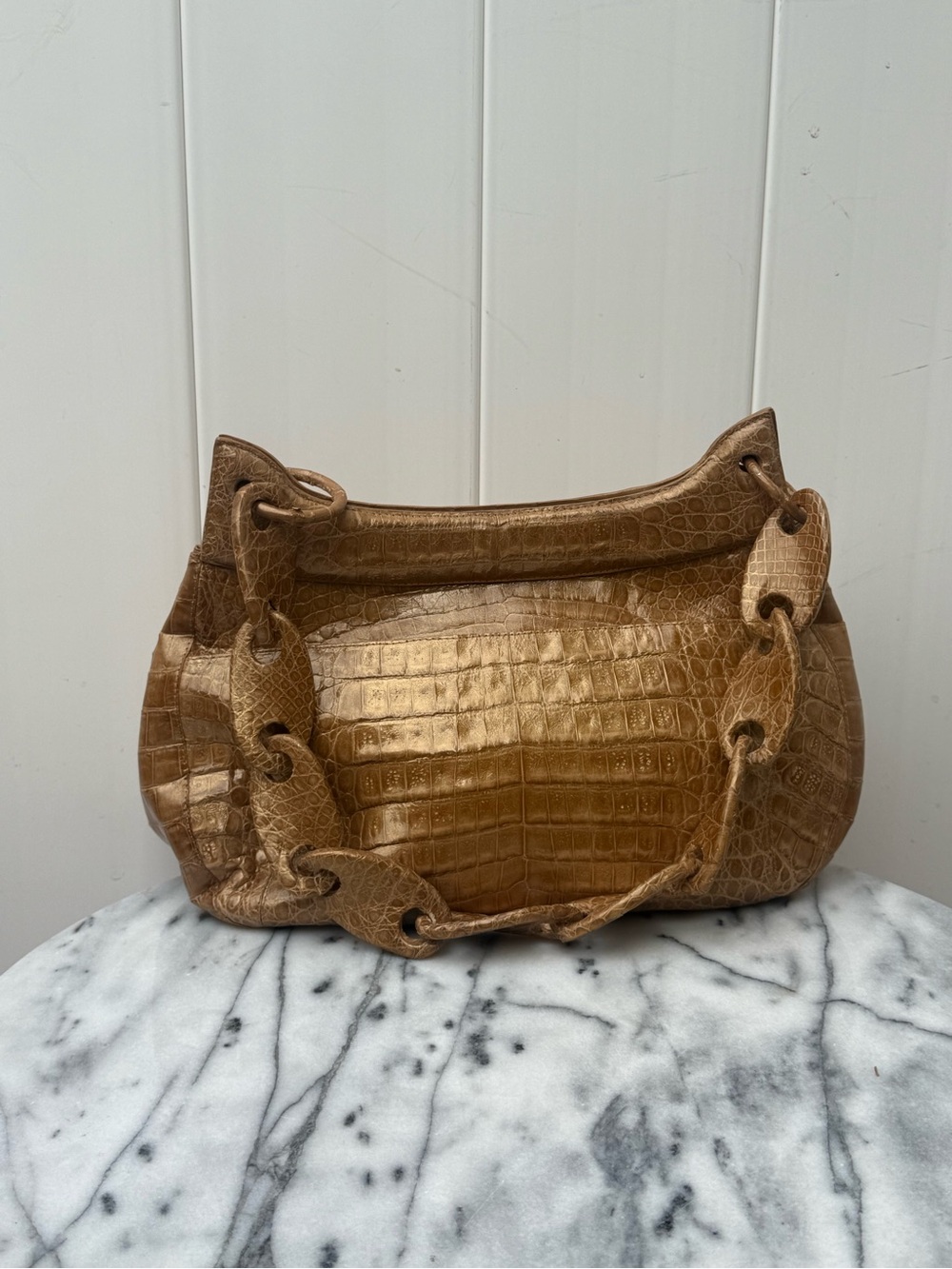 Tan Genuine Crocodile Embossed Shoulder Bag